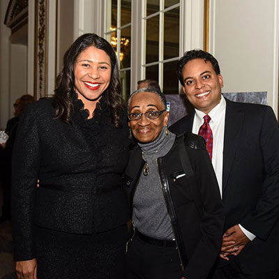 Mayor London Breed, Honorree Hulda Brown, and Executive Director Kaushik Roy