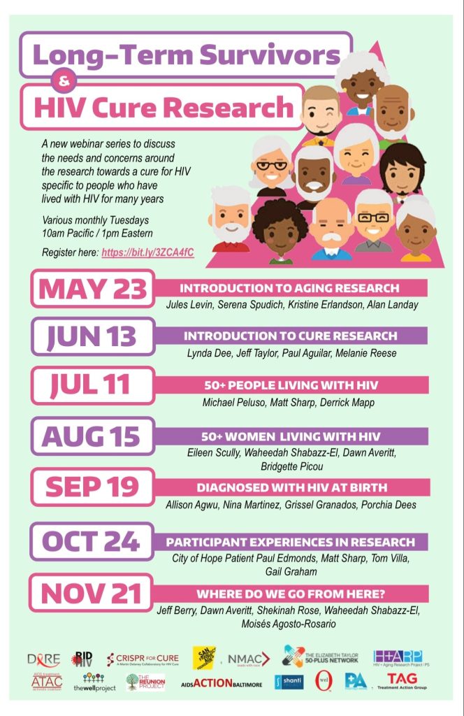 Graphic depiction of Long-Term Survivors § HIV Cure Research Webinar Series 2023 information and calendar