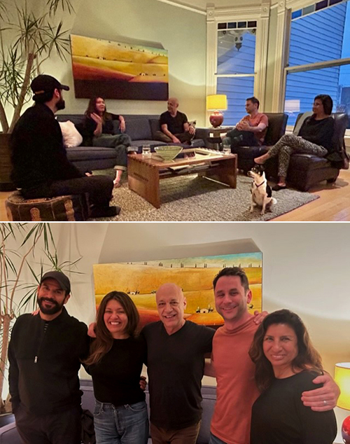 Above: Group of adults (Peer Support Volunteers) sitting around on chairs and couch in living room with a small dog. Below: Same five adults posed in a row, smiling.